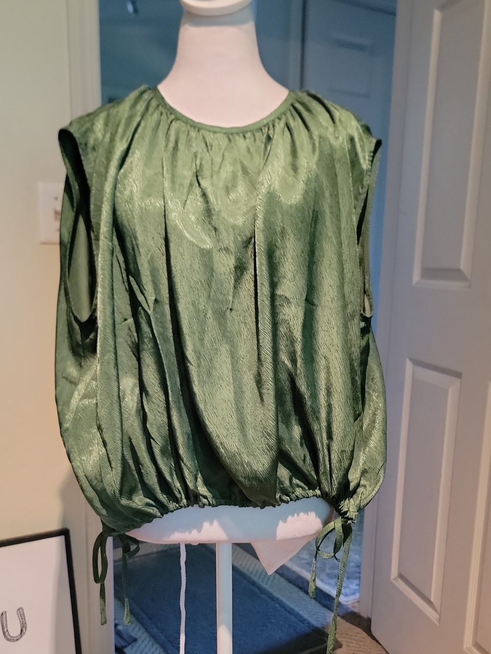 FRNCH Olive Green Satin Drawstring Sleeveless Blouse